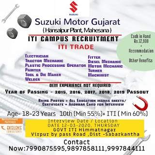 ITI Jobs Campus - For Suzuki Motor Gujarat at Govt. ITI Himmatnagar, Gujarat