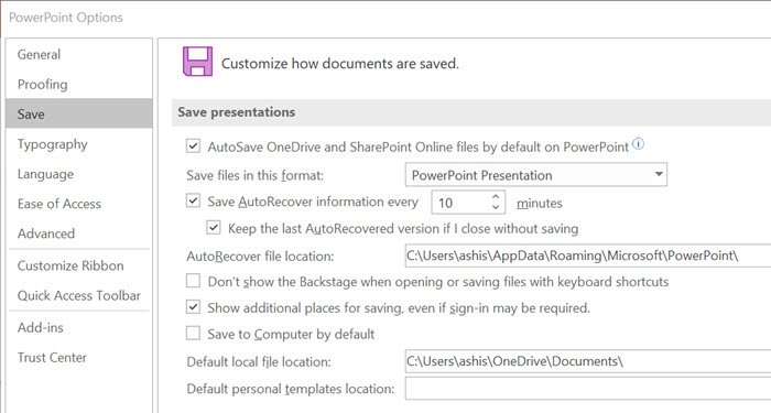 Posizione del file di backup di PowerPoint