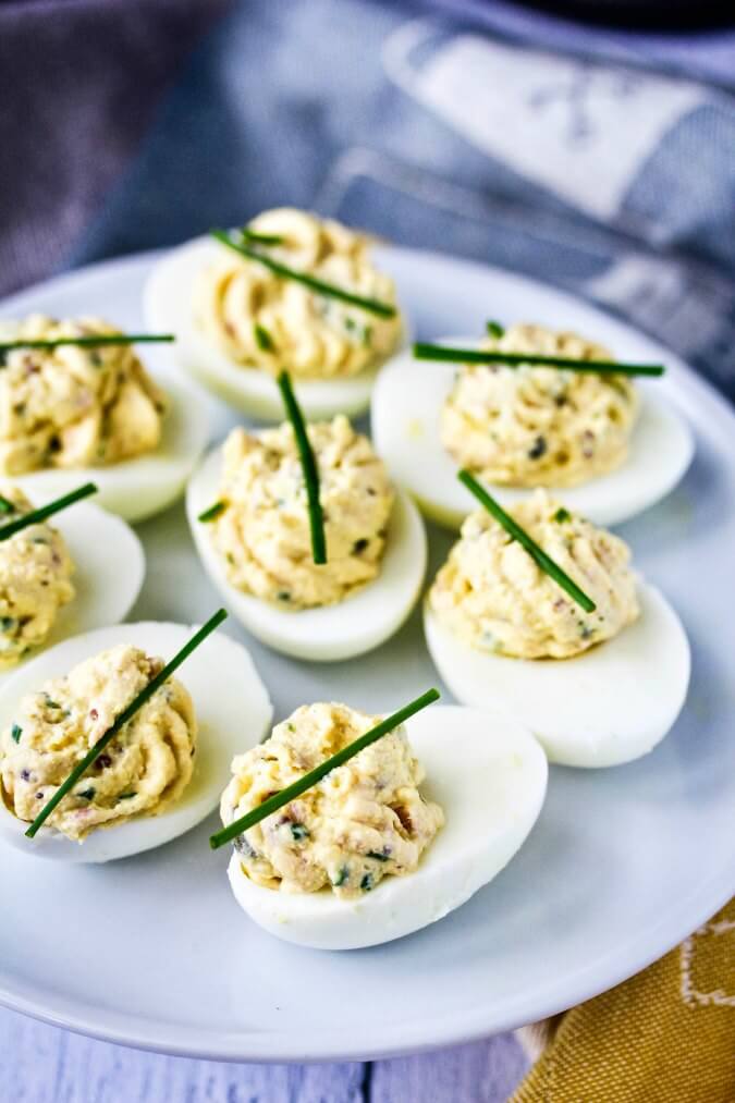 Deviled eggs with tuna and chives