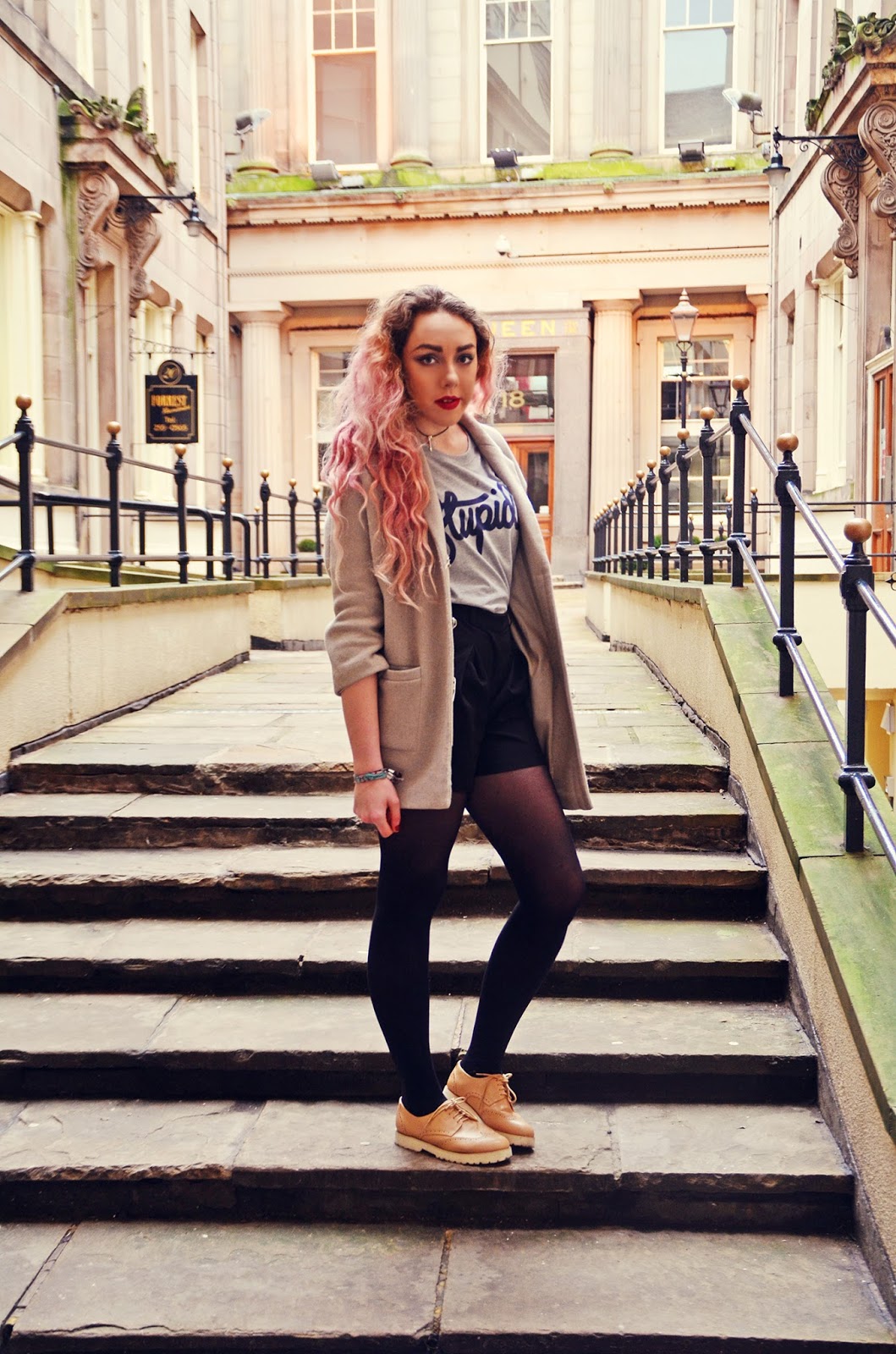 T-Shirt* // Stupid Clothing Coat // Topshop (old) Pleated Shorts* // Lavish Alice via Laundry Boutique Brogues* // Style Edit, UK Style Blogger, Stephi LaReine, pink hair
