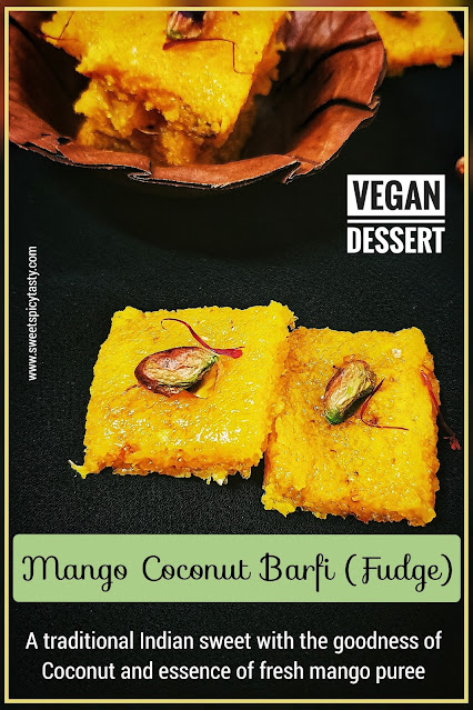 Traditional Coconut barfi in Mango flavor .  Quick fix vegan dessert under 5 mins, nariyal vadi, naralachi barfi , mango thengai barfi, how to make coconut barfi in microwave
