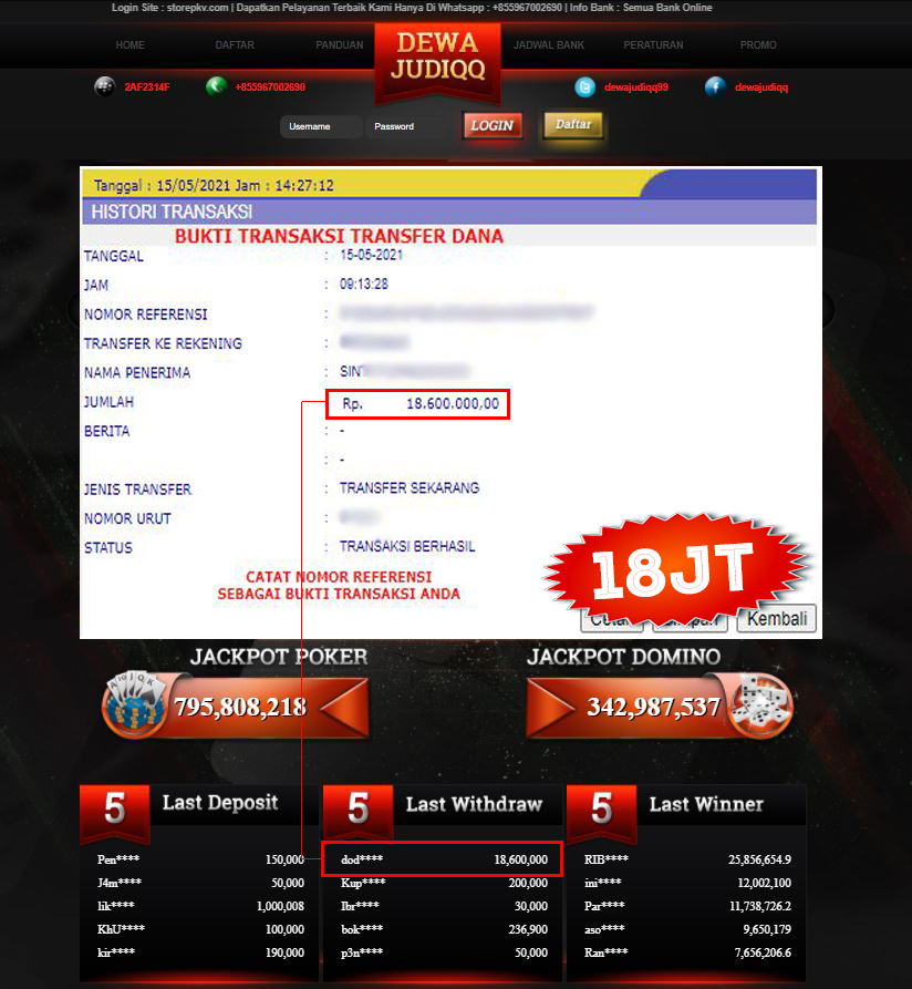 BUKTI TRANSFER DEWAJUDIQQ Rp.18.600.000,- JT