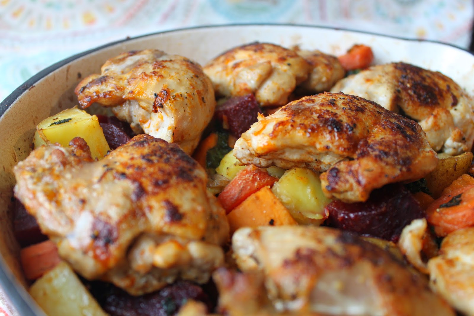 pan of oven roasted chicken thighs