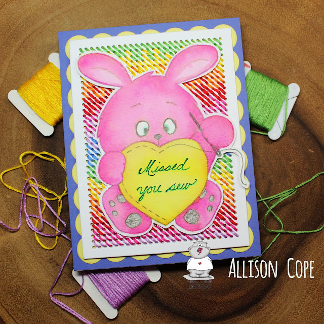 Missed You Sew Card by Allison Cope featuring the digi stamp "Love You Sew Much Bunny" by Gerda Steiner Designs. Watercolor with Distress Inks.