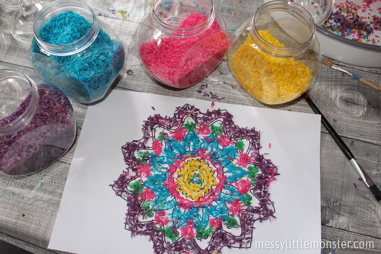 Coloured Rice Rangoli Patterns with Template Messy Little Monster