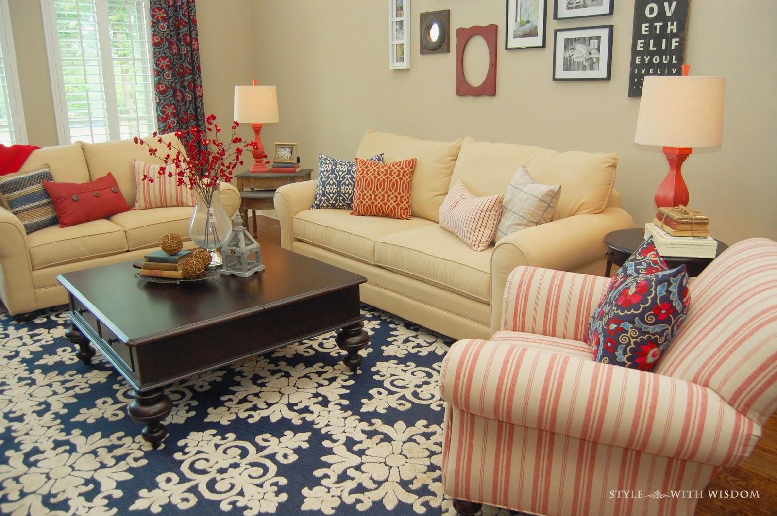 Style with Wisdom Navy and Red Living Room