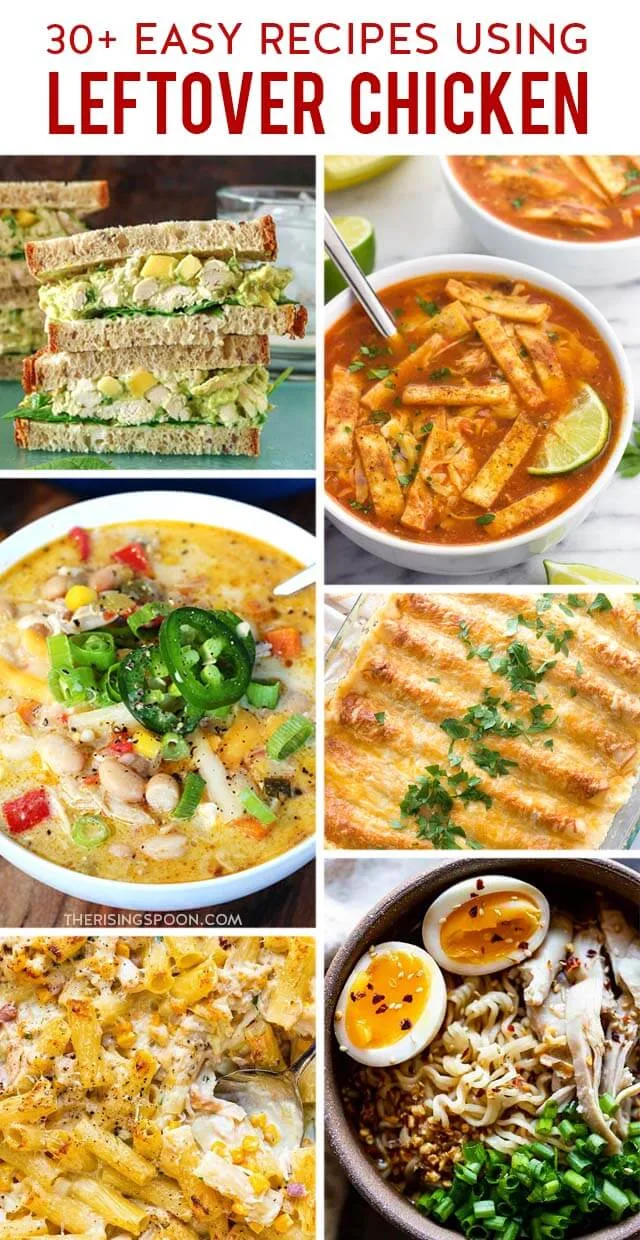 Wondering what to do with leftover cooked chicken? Here are 30+ easy recipes to inspire your next meal. Most are quick enough for weeknight dinners & use simple ingredients. And they work no matter the type of chicken you have (rotisserie, roasted, baked, boiled, pan-fried, grilled, etc.). Save this for when you need some new ideas!