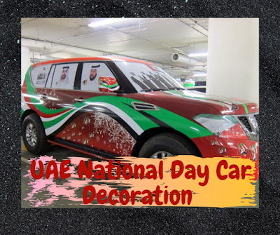 UAE National day Car Decorations - A car decorated with full paint of UAE National Flag