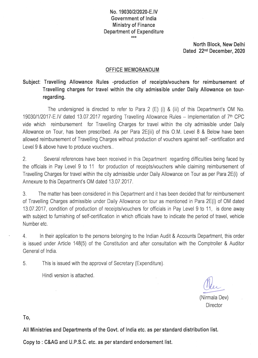 Reimbursement of Travelling Allowance admissible under Daily Allowance