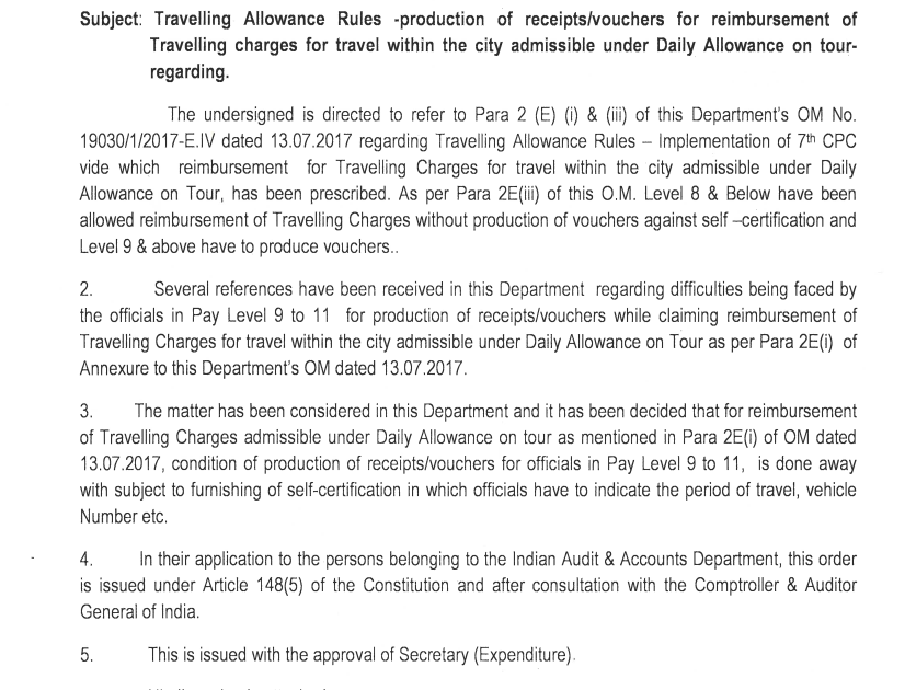 Reimbursement of Travelling Allowance admissible under Daily Allowance