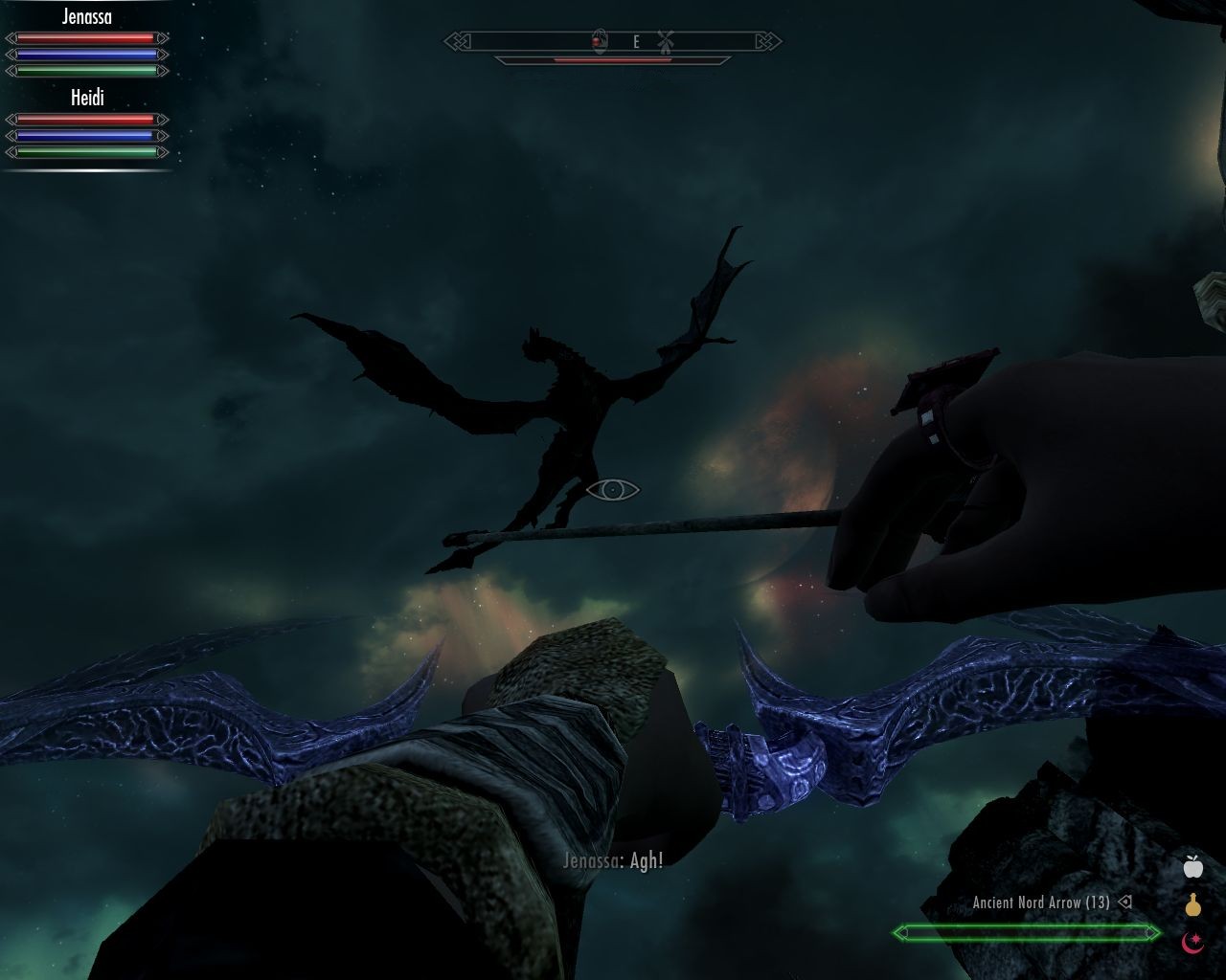 protagonist is putting an arrow to the string, a dragon is flying in the mostly cloudy night sky