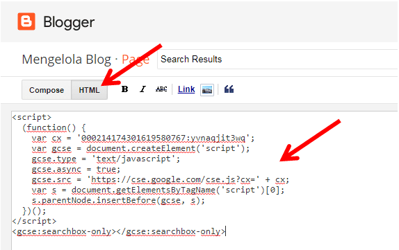 Memasang script Google Custom Search Results