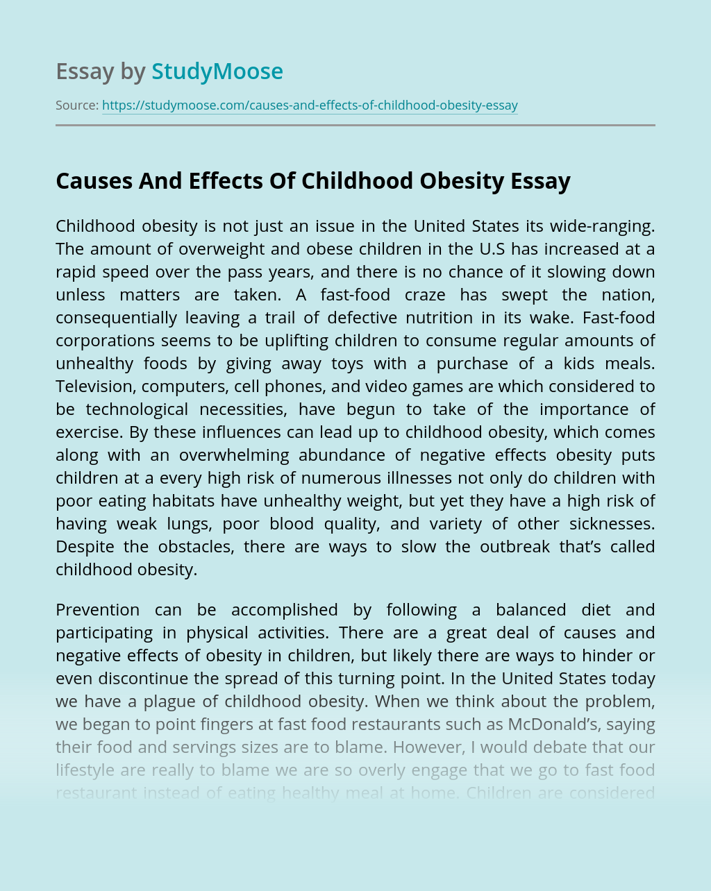 essay on causes and effects of obesity