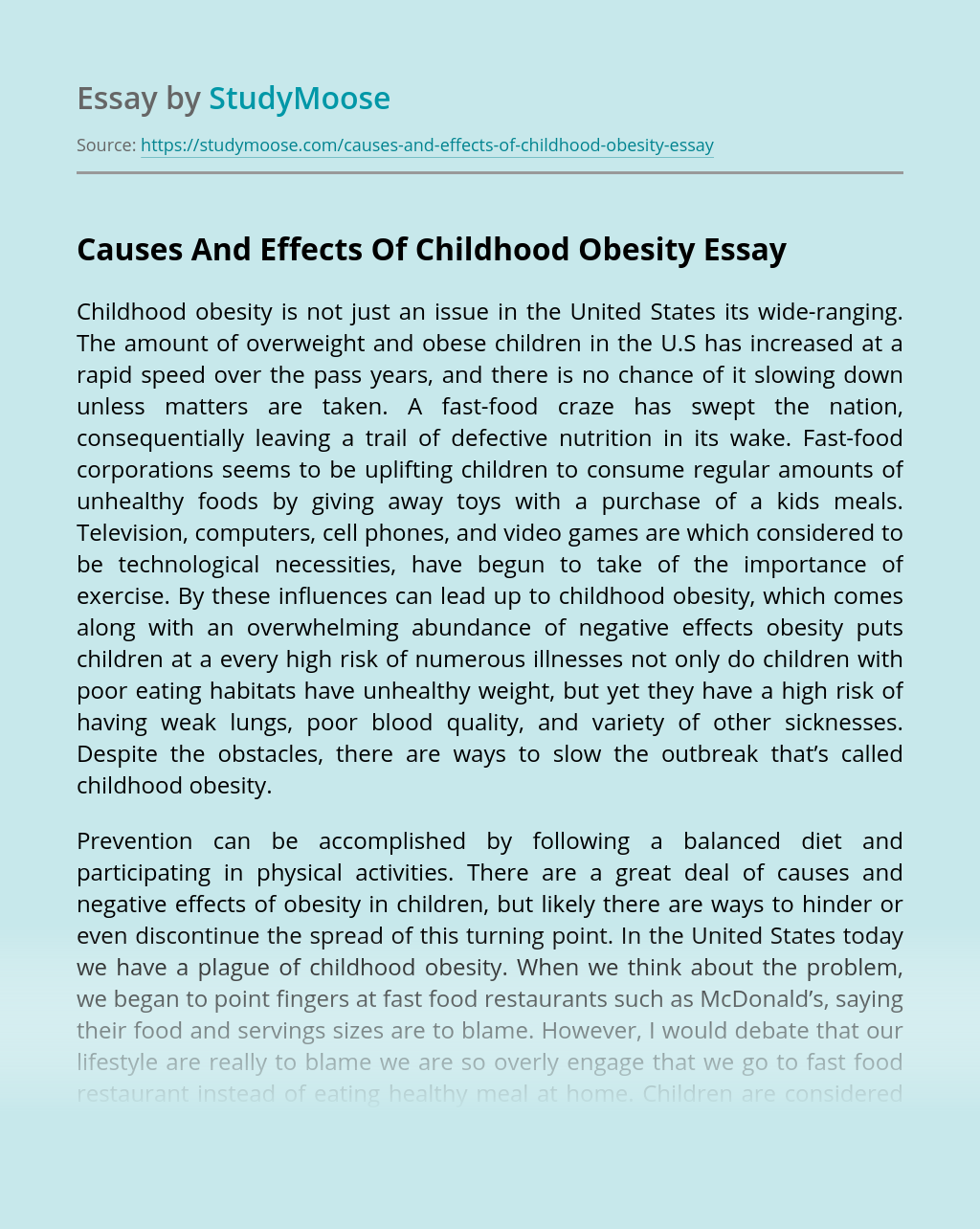 essay on childhood obesity causes and effects