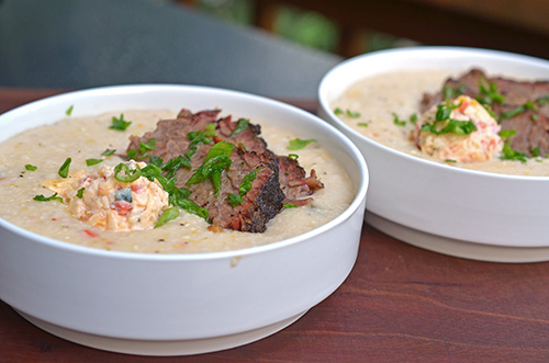 Green chile brisket with pimento cheese grits will make your tongue slap the brain out of your head.