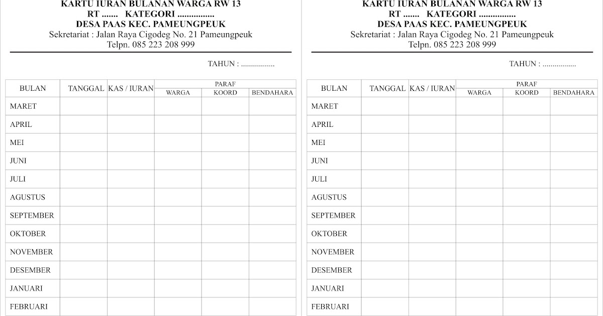 Contoh Format Kartu Iuran Bulanan Contoh AJa Contoh Format Kartu Iuran Bulanan Contoh AJa