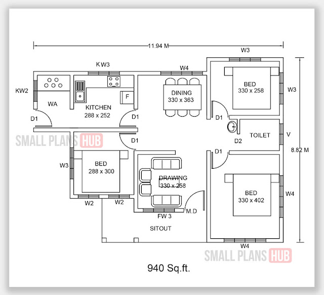 940 Sq.ft. 3 Bedroom Single Floor Plan and Elevation