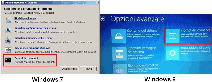 Opzioni ripristino sistema prompt comandi Windows 7 e 8