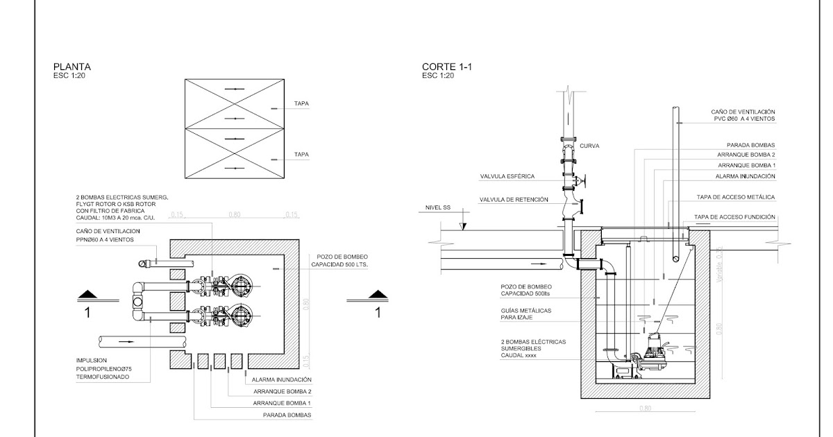 Detalles constructivos CAD: Detalle constructivo pozo de bombeo cloacal