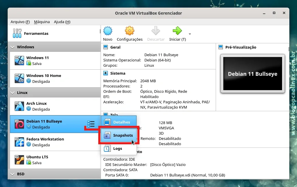 Clique no menu da sua máquina virtual do Debian e selecione a opção 'Snapshots'