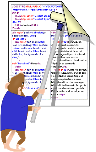 Image: Frank-the-mouse glues a poster to a wall using a long-handled paint roller. The poster is divided like a web page layout, each area of the layout contains a sample of the HTML code to generate it. 