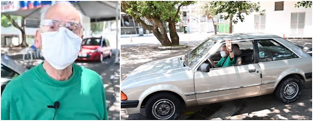 Lando Lombardi, de 97 anos, dirige o Scort 1985 no posto de vacinação do Anhembi, na Zona Norte de São Paulo. — Foto: Reprodução/SMSSP