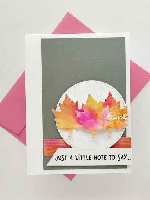 dry embossing, Embossing folder, water colouring, Zig clean colour brush pens, Thank you card, die cutting, Quillish, MAple leaves card, autumn card , thank you card
