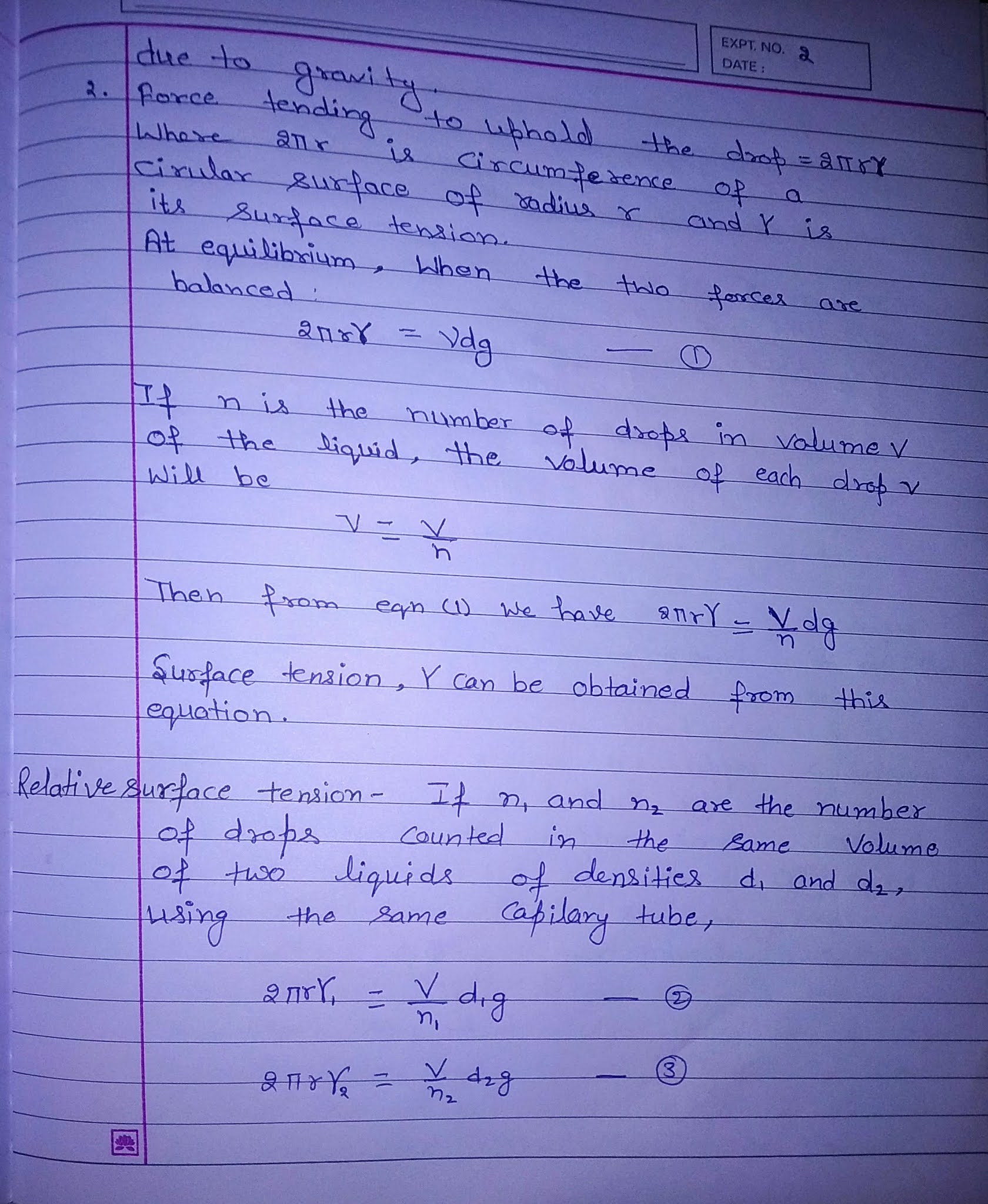 Chemistry Expriment 6 aim To determine the surface tension of a given