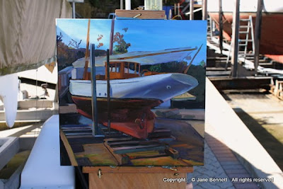 Plein air painting of the heritage schooner from the Sydney Heritage Fleet Boomerang on the slipway at Noakes Shipyard at Berry's Bay painted by industrial heritage artist Jane Bennett