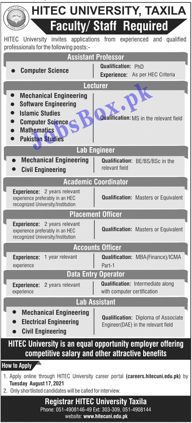 Careers.hitecuni.edu.pk Jobs 2021 HITEC University Taxila Jobs 2021 in Pakistan