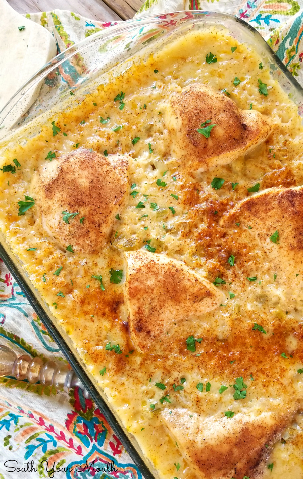 Chicken & Rice Casserole! An easy casserole recipe for creamy rice and fork-tender chicken that cooks in one dish. No need to precook the rice or brown the chicken first â€“ just mix and bake!