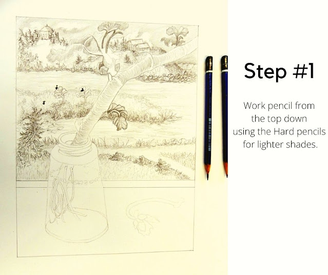 Step 1 Drawing with H weights of pencil top down the paper.