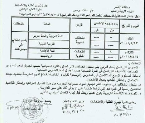 جدول امتحانات الصف الأول الابتدائي الترم الثاني 2018 محافظة الاقصر