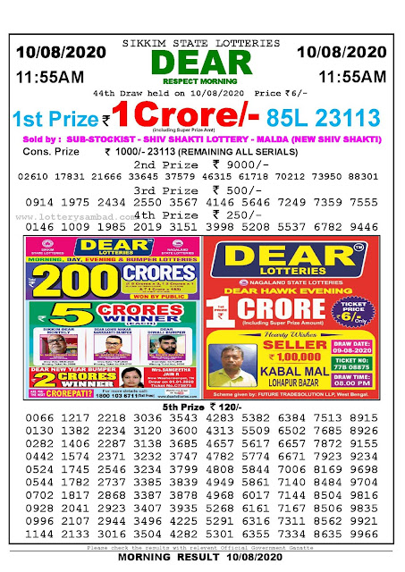 Sikkim State Lotteries 10-08-2020 Lottery Sambad Result 11:55 AM Sikkim State Lotteries 10-08-2020 Lottery Sambad Result 11:55 AM