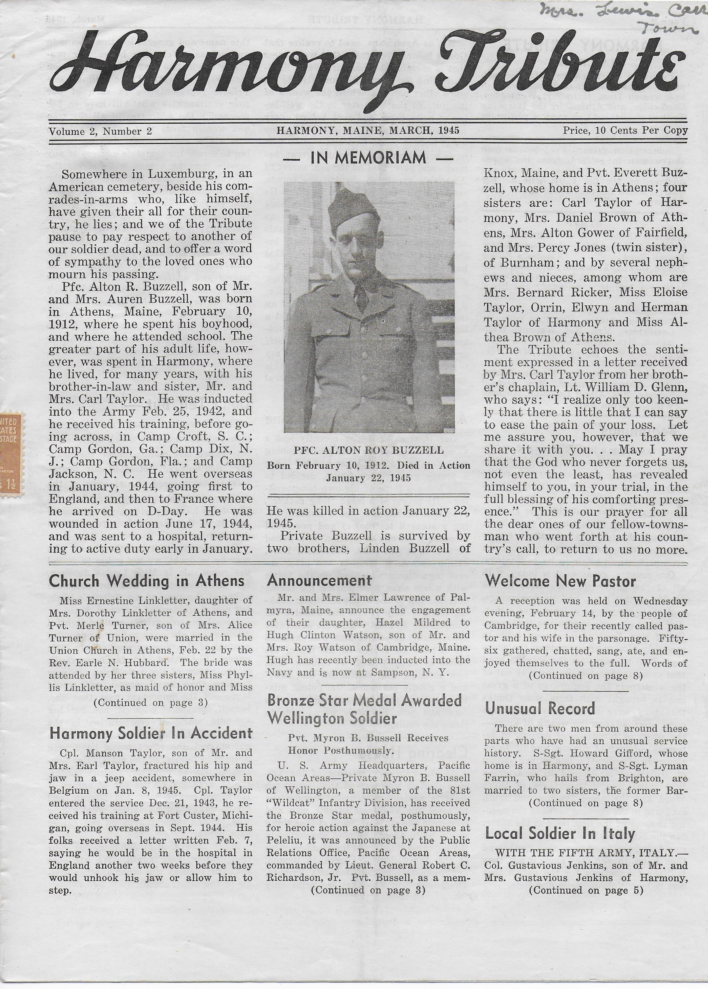 Heirlooms Reunited March 1945 Issue of the Harmony Tribute of Harmony