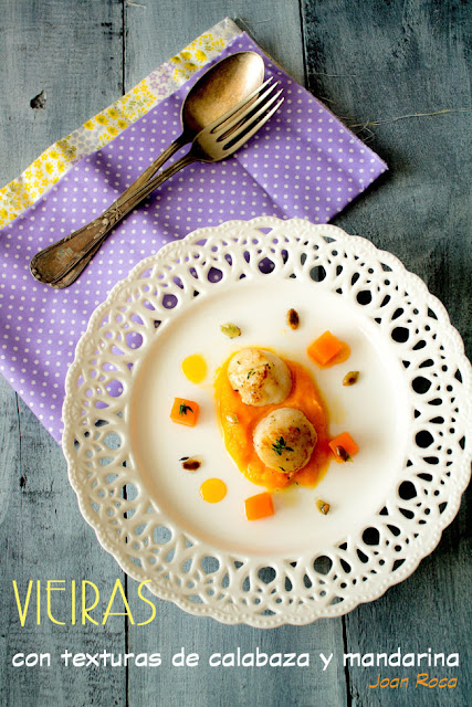 Vieiras con texturas de calabaza y mandarina - Kooking