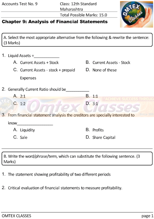 Accounts Test No. 9. Class: 12th Standard Maharashtra Chapter 9: Analysis of Financial Statements.