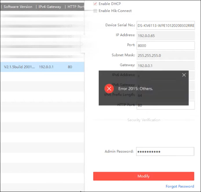Hikvision error 2015: Others (SADP error)
