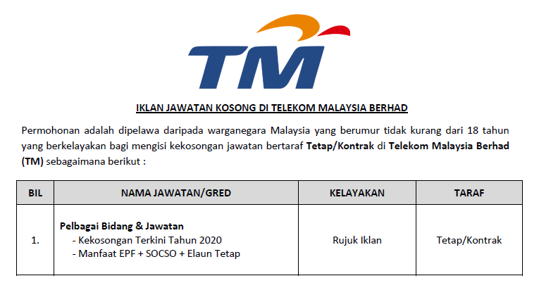 Jawatan Kosong Terkini 2020 Di Telekom Malaysia Berhad Tm