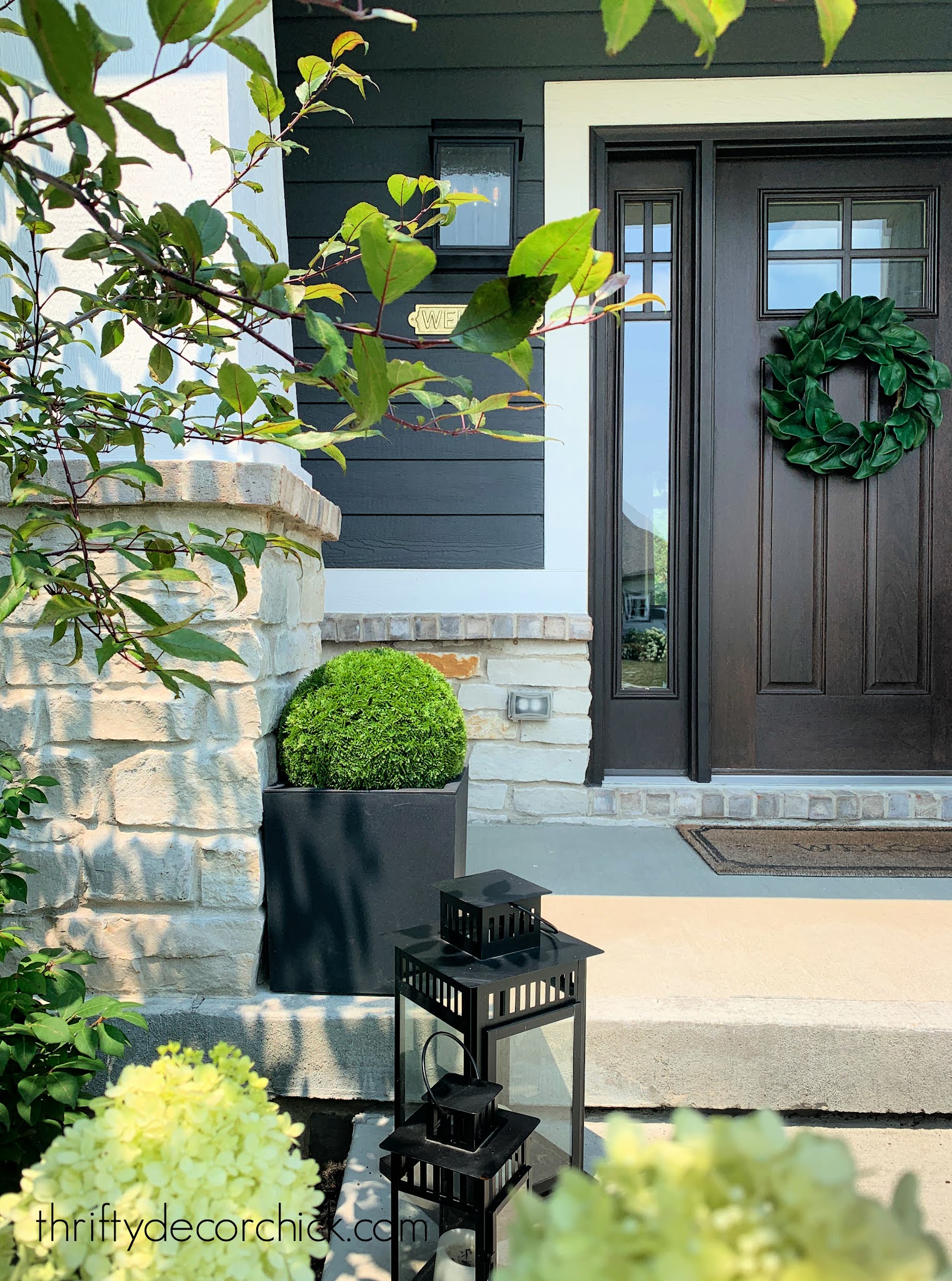 black planter with green topiary ball