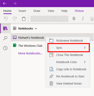 принудительно синхронизировать OneNote для Windows 10