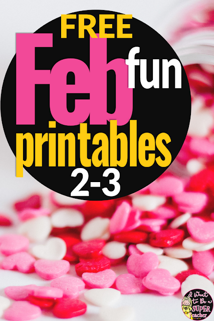 Four FREE math and language activities for 2nd and 3rd grade kids teachers can use during the month of February! These free printables are perfect for centers, morning work, homework, or your classroom Valentine's Day party. Includes 2 math brainteasers (Valentine's Day & Winter Olympics themes), a Valentine's Day make-a-word-find, and a valentine candy brainstorm page for students. Fun for kids and NO PREP for teachers. Click for the free download. #free #secondgrade #thirdgrade