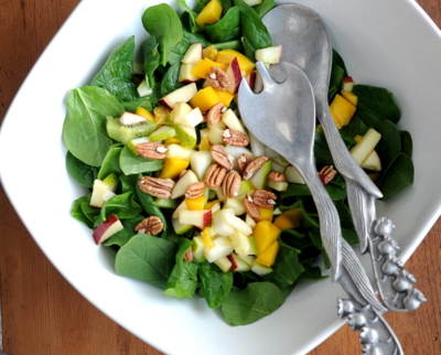 Spinach Salad with Fruity Vinaigrette, Fresh Fruit & Maple-Glazed Pecans ♥ KitchenParade.com, a big dinner salad, fresh and green with a rainbow of fruit and g-o-r-g-e-o-u-s Maple-Glazed Pecans, all lightly dressed in a Fruity Vinaigrette.