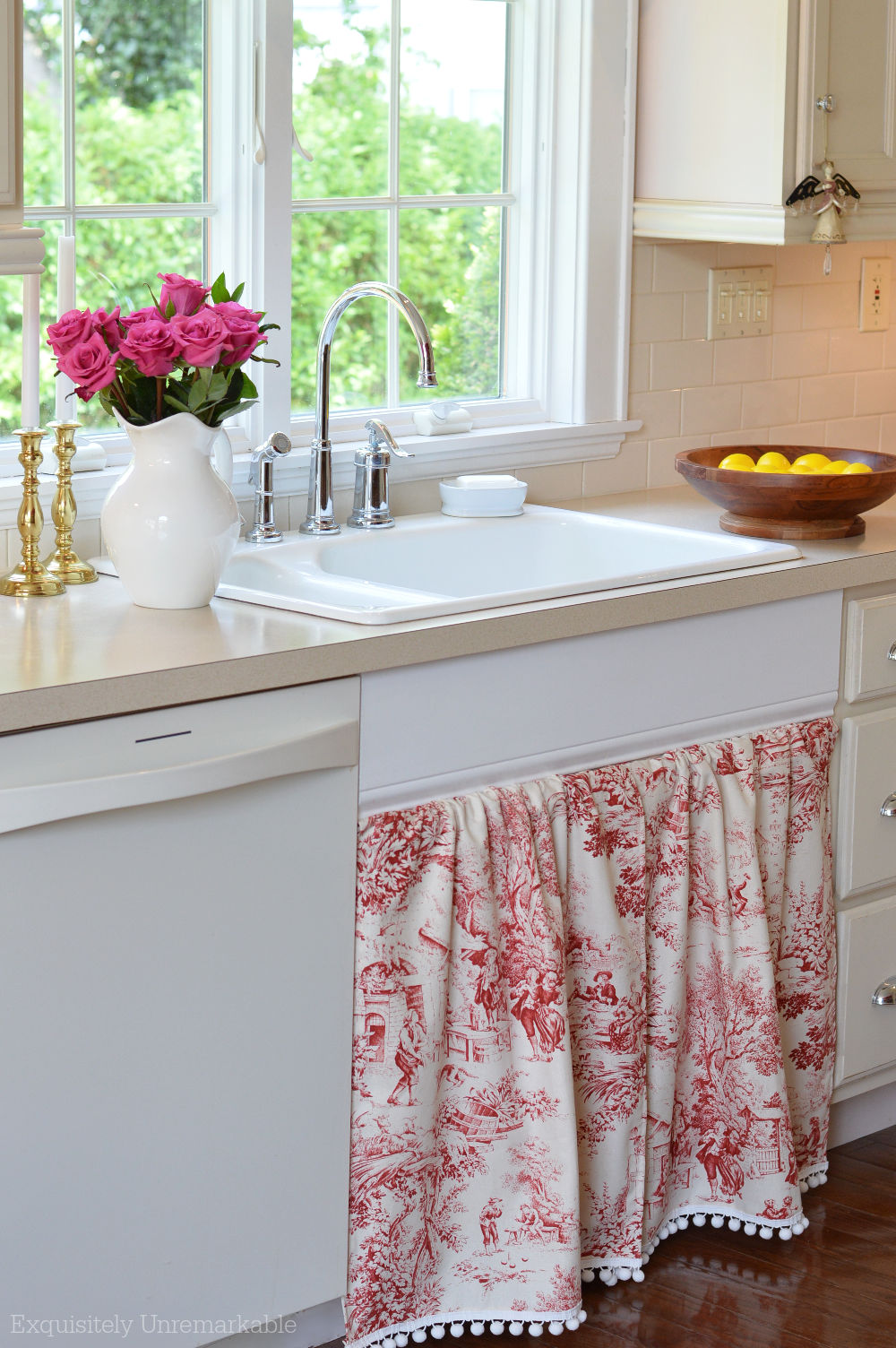 Red Toile Sink Skirt DIY Exquisitely Unremarkable