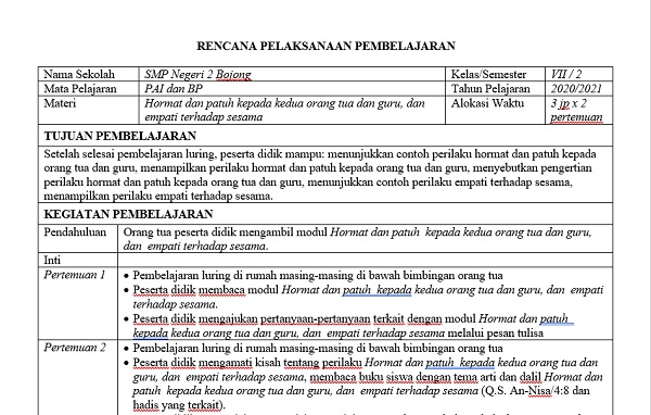 Rpp Pai Kelas 7 Semester 2 Tahun 2020 2021 Materi Hormat Dan Patuh Kepada Kedua Orang Tua Dan Guru Vadcoy Com