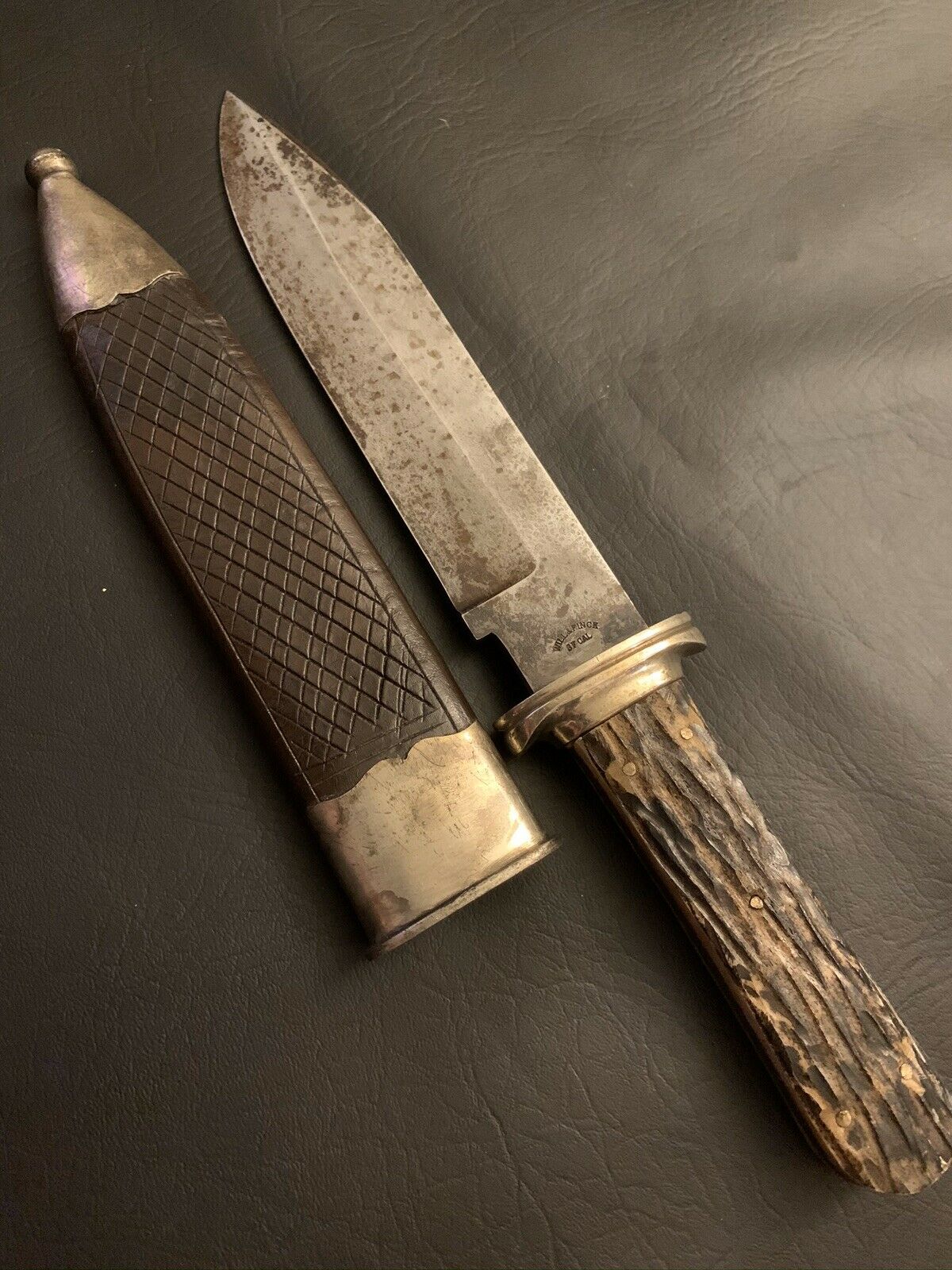 Antique Bowie Knife Will & FincK S F Cal, Horn Handle, Leather Sheath