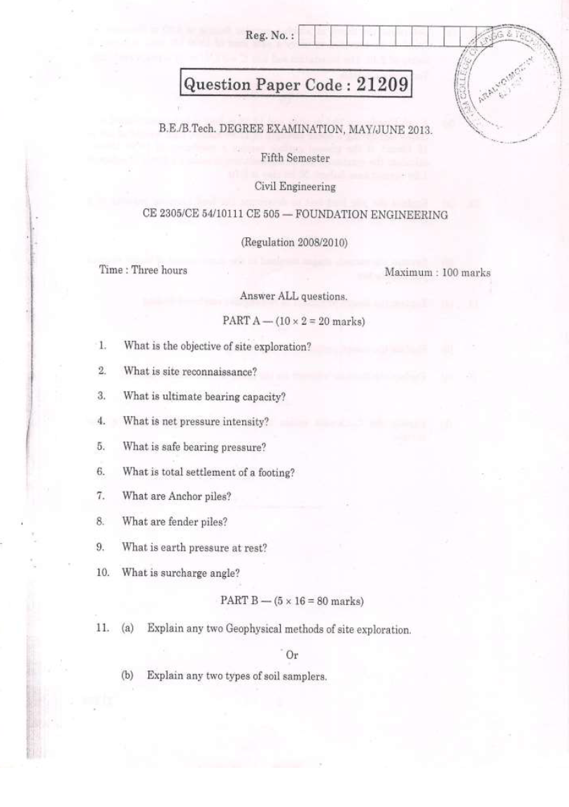 CE2305 Foundation Engineering May June 2013 Question Paper University