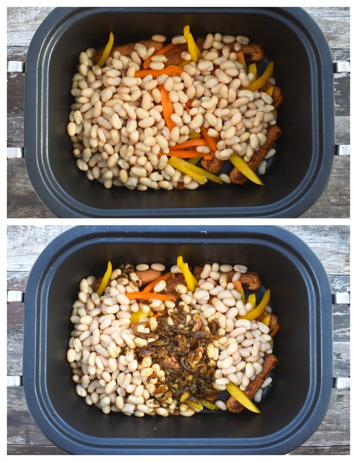 Vegan Slow Cooker Sausage Stew with White Beans & Peppers Tinned Tomatoes