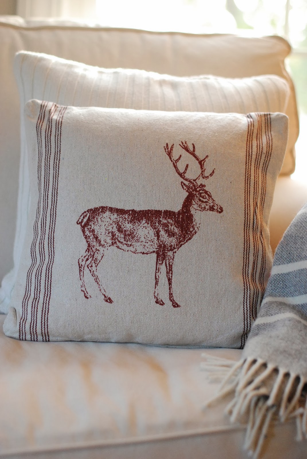 farmhouse musings New Grain Sack Pillow with Deer Print and Red Stripes