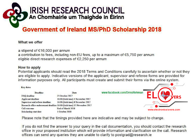Government of Ireland MS & PhD Scholarship 2018 Applicant deadline 16:00 (Irish time) 1 November 2017